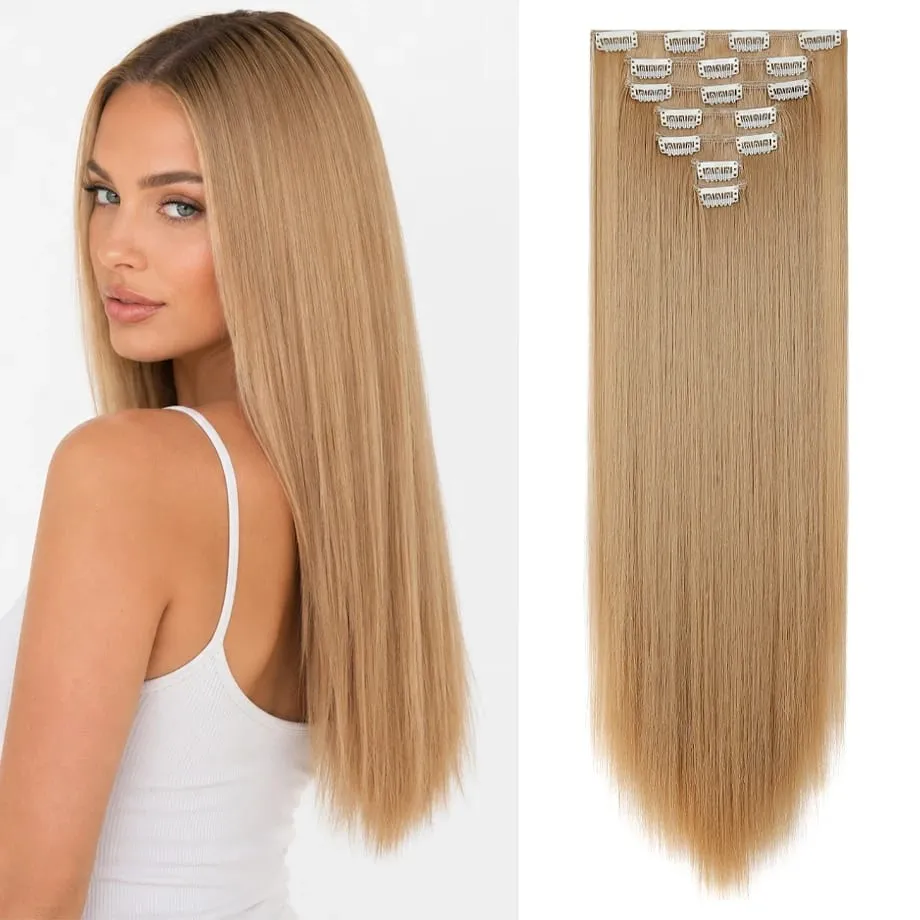 7 Pcs Clip in Hair Extensions 16 Clip in 24 Inch Straight Double Weft Synthetic Hair Extensions for Women Daily Hairstyle