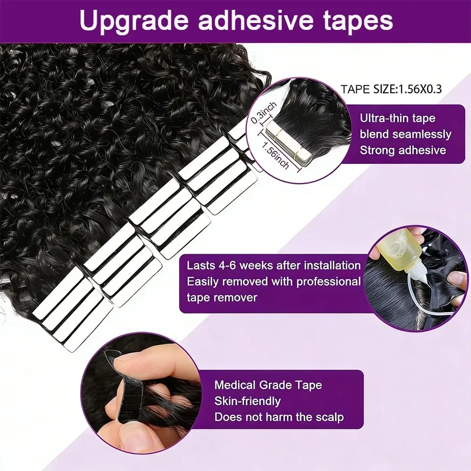 Tape in Hair Extensions Human Hair Deep Wave Brazilian 100% Curly Adhesive Tape in Extensions Human Hair Natural Black For Women