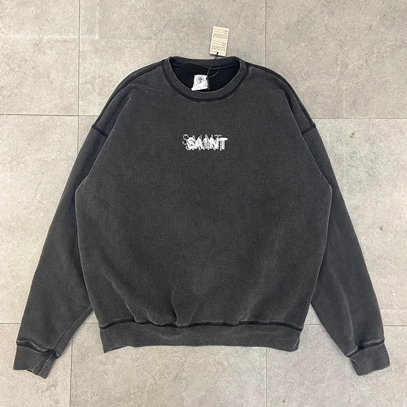 Autumn Winter Classic Overlapping Logo Print Saint Sweatshirts Men Women Couple Colorful Letters Graffiti Washed Black Pullovers