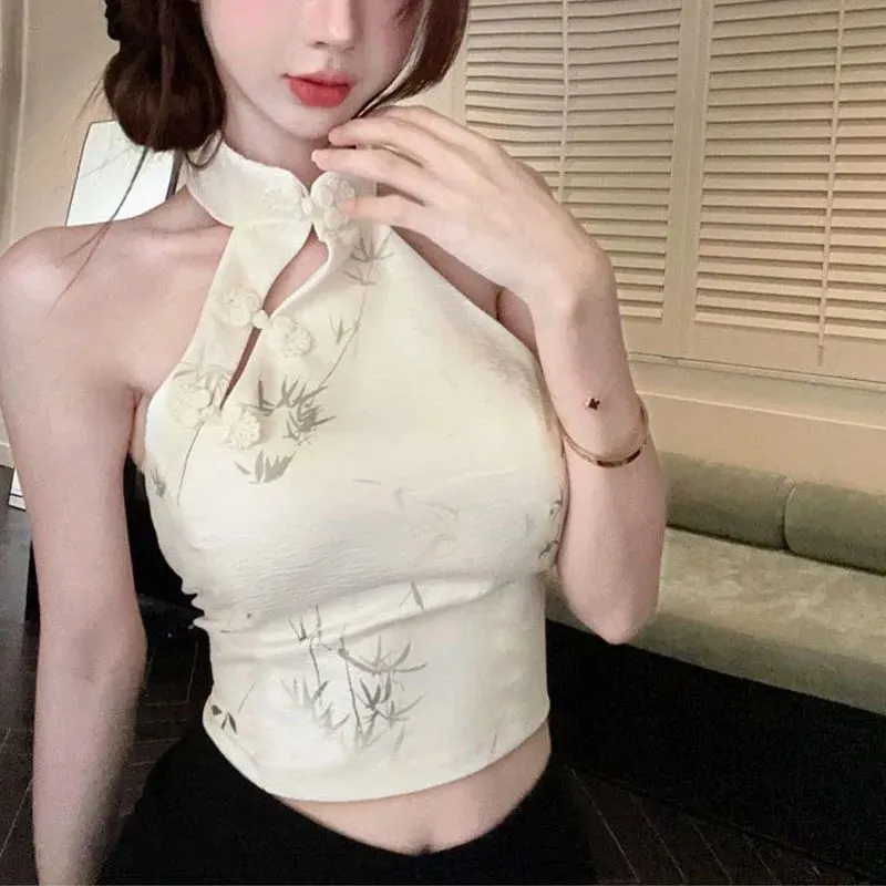 Summer Elegant Vintage Woman Clothing Print Halter Sleeveless Design Camis Tops Retro New Fashion Female Button Casual Chic Tops