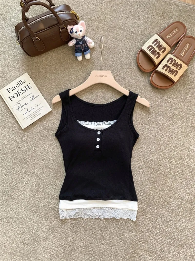 Women Fake Two Piece Lace Trim Tank Tops With Built-in Bra Pads Ribbed Viscose Sleeveless Camisole Slim Fit Crop Vest A6493
