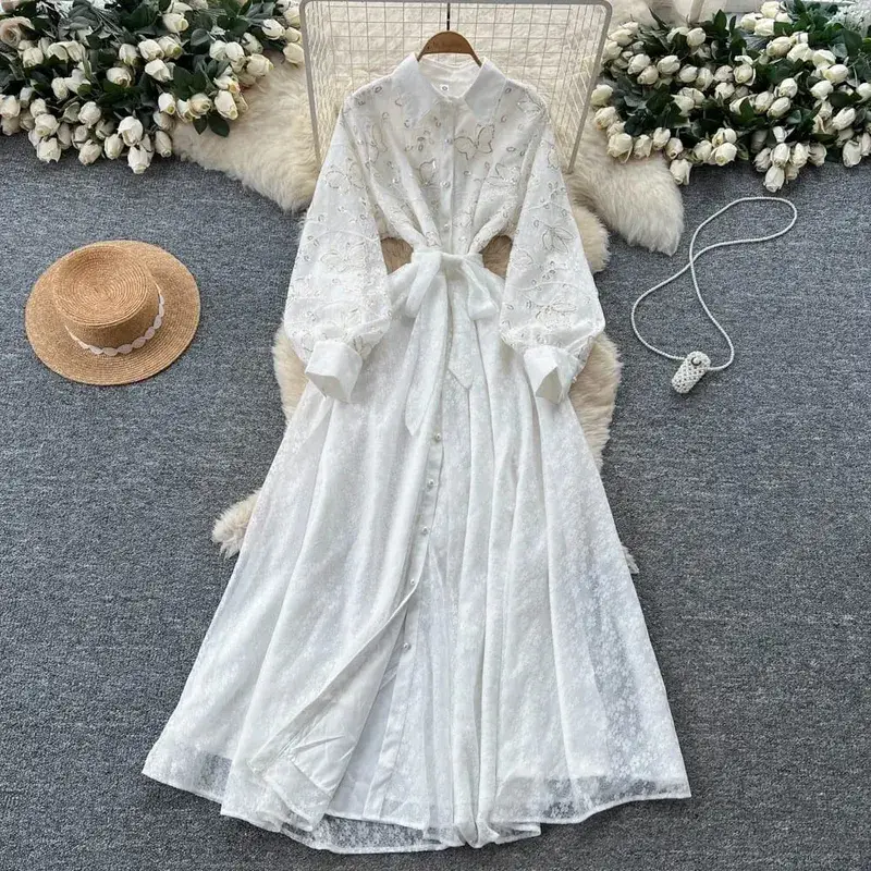 French Vintage Lace Embroidered Lapel Lantern Sleeve Dress Women Korean Slim Fit Waist Mesh Slim Long Dress — image 13