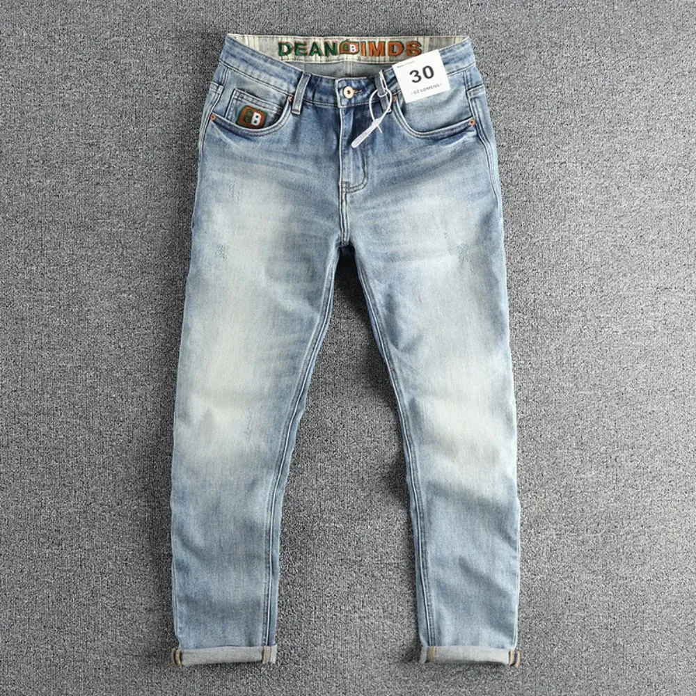 Ny tvätt ljusblå slipad vita jeans herr våren Amerikanskt modemärke små raka ben retro casual ungdomsbyxor — image 2