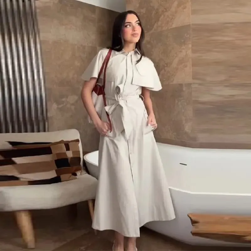 Elegant Minimalist Cape Sleeve Dress Women Chic Waist Belt Split Front Business Casual Dresses Daily Office Summer Outfit 2026 — image 5