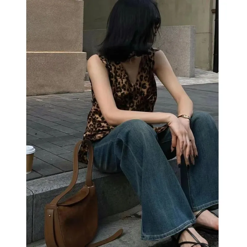 High Street Leopard Printing V Neck Sleeveless Tanks Women Clothing New Casual Youth All-match T Shirt Tops Fashion Sexy Summer
