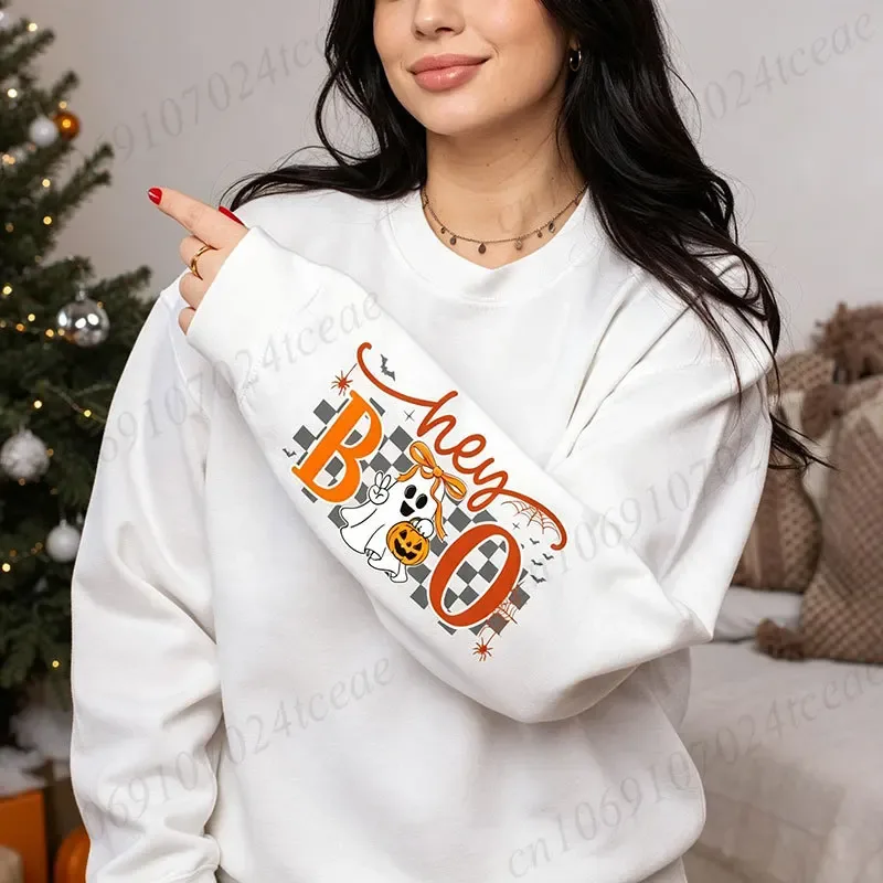 Halloween Hey Boo Unisex Sweatshirt Cute Bow Ghost Pumpkin Graphic Crewneck Long Sleeve Casual Fall Pullover Cotton Tops 330gsm