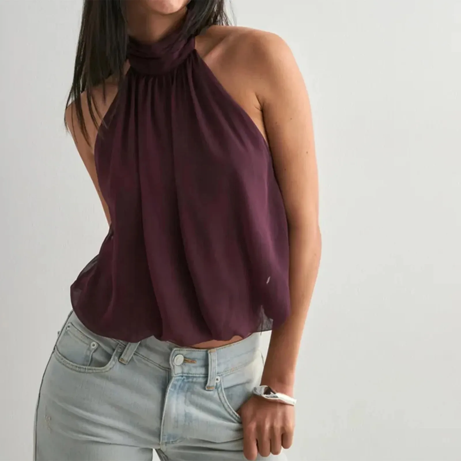 Women Puffy Halter Top Bubble Hem Pleated Halterneck Tank Top Elegant Sexy Backless Going Out Crop Camisole