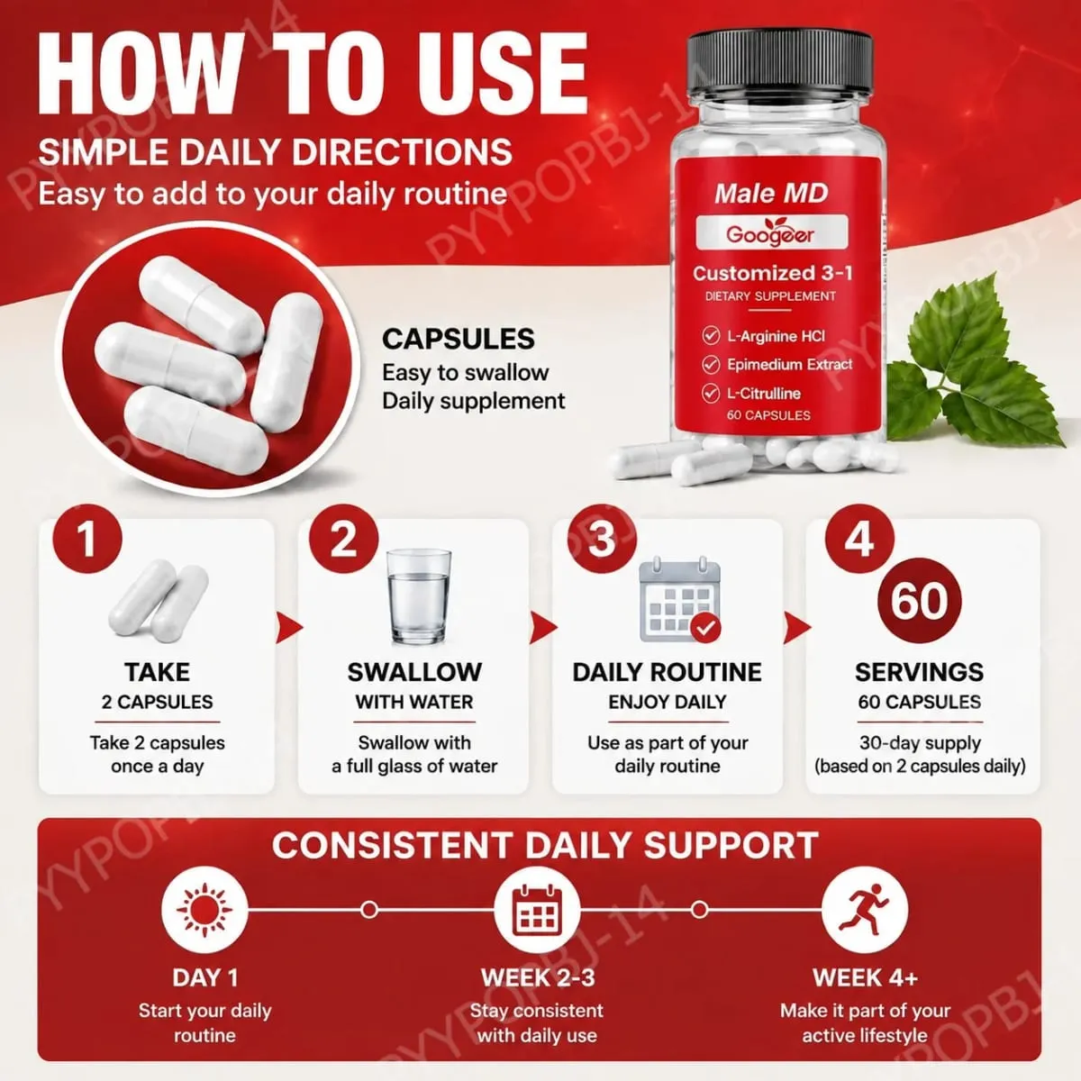 Googeer Male MD 3-in-1 Capsules with L-Arginine HCl and L-Citrulline and Epimedium Extract for Circulation Support 60 Capsules