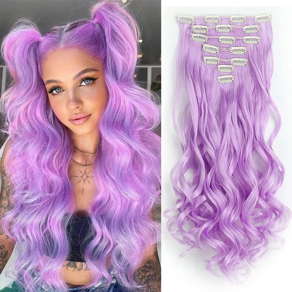 Synthetic Clip in Hair Extensions Purple hairpieces 7pcs/set 22inch Thick Hair for Women Girls Daily Party Cosplay