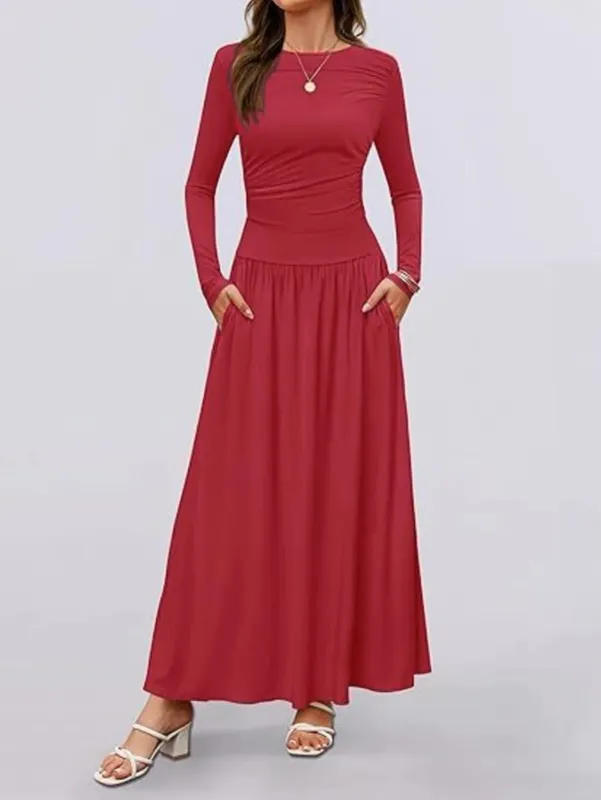 Autumn New Arrivals Women Long Sleeve Maxi Dress Comfortable Fit Ruched Detail Multi Color for Casual Everyday Wear