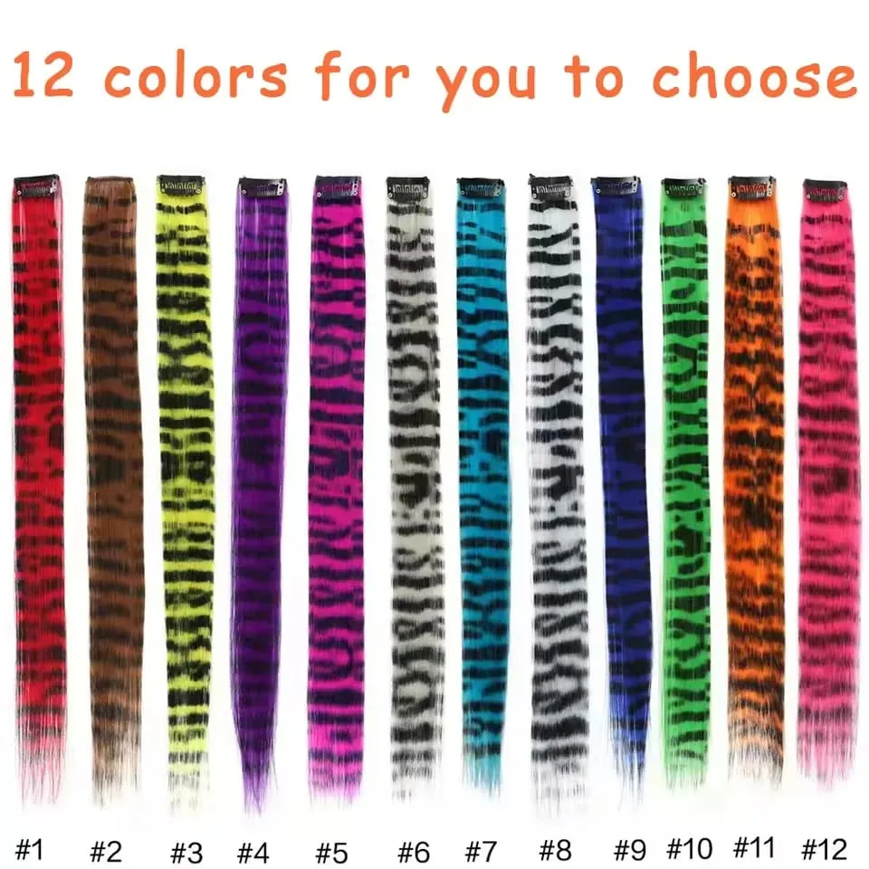 10pcs/set Stripe Printed Hair Colorful Long Straight Hair Pieces Synthetic Clip-in Hair Extensions for Daily Use Party Halloween