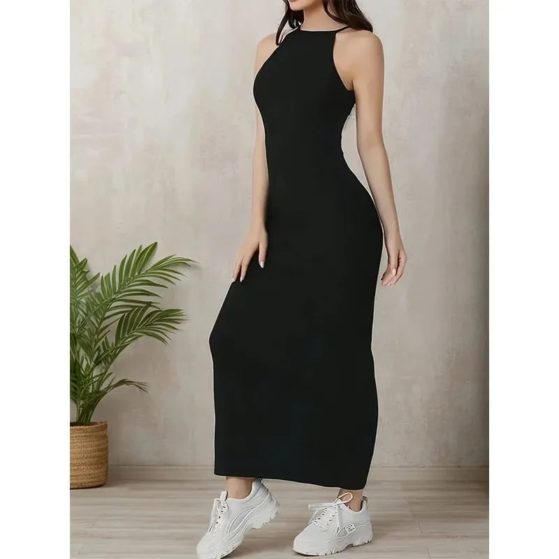 2026 Elegant Sexy Fashionable Women's Solid Color Sleeveless round Neck Slim Fit Dress Waist Cinched Long Skirt