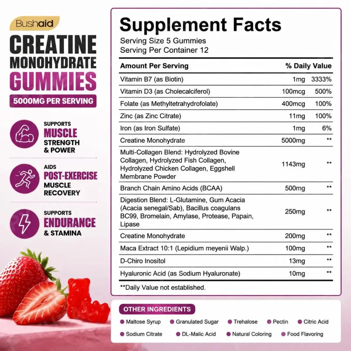 BushAid Creatine Monohydrate Gummies for Post-Workout Muscle Recovery with Multi-Collagen Blend BCAA and Zinc 60 Gummies