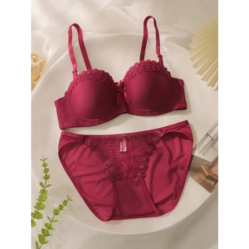 Women's Pink Lace Bra and Panty Set Push Up Underwire Bow Detail Lingerie 2026