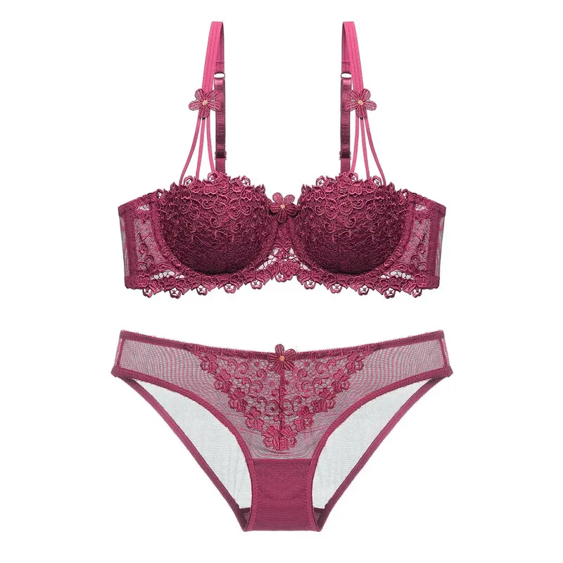 1605European and American Thin1/2Half Cup Bra Lace Sexy Embroidery Lingerie Bra Suit