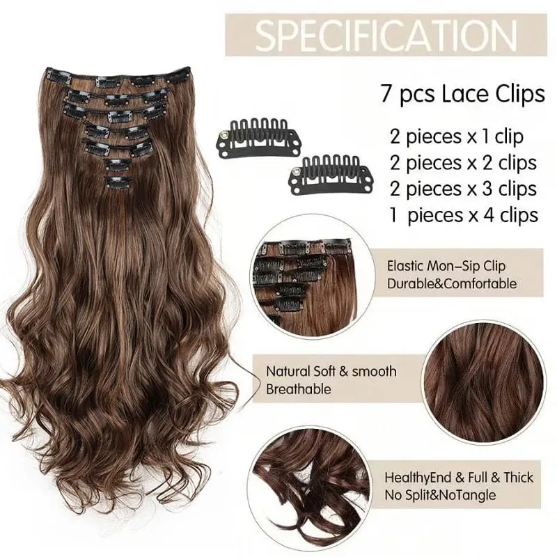 24Inch Synthetic Long Wavy Curly Hair Extension 7pcs/set Soft Invisible Cilp Thick Fluffy Hairpiece for Women Daily Use