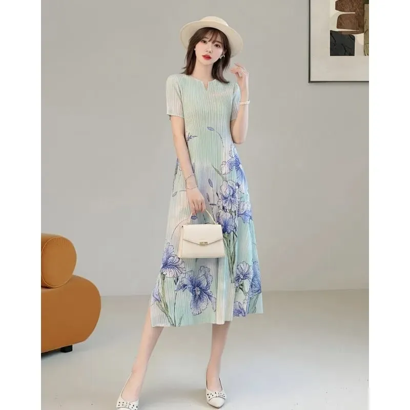 Miyake Ink Print Short Sleeve Dresses 2026 Summer New Short Sleeve Elegant Artistic Fashion Draped Elastic Women's Pleated Dress