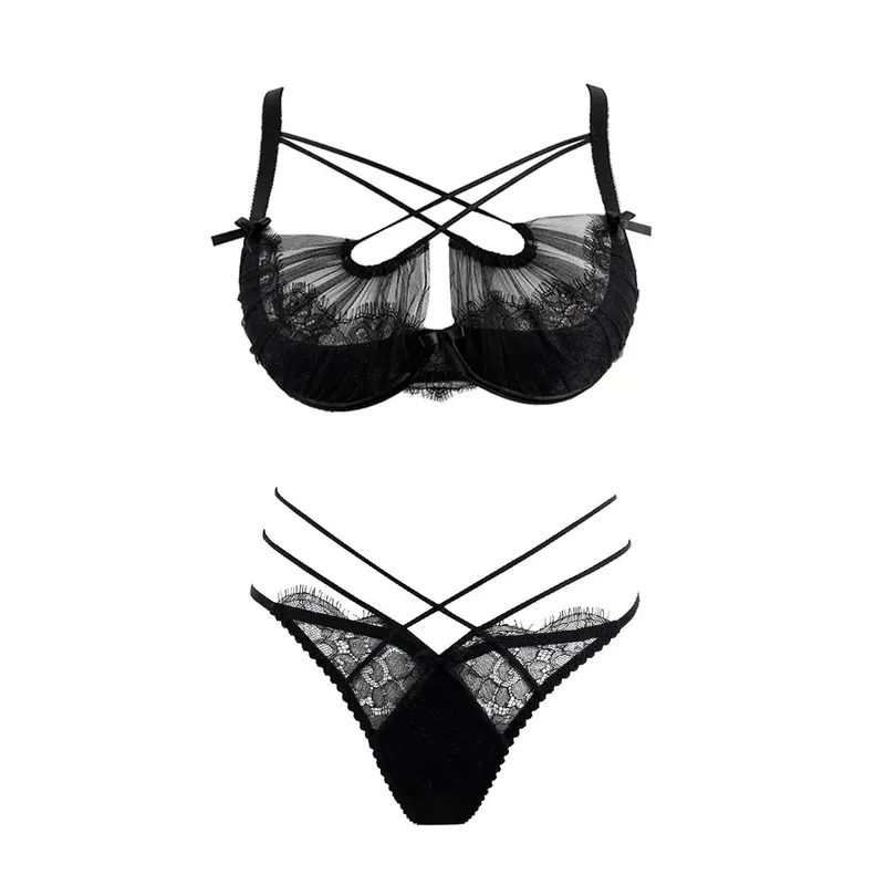 Hot Sale Summer Lace Embroidery Cross Tie Lingerie Set Sheer Mesh Push Up Bra Comfort Daily Wear Underwear Set for Women 32-38