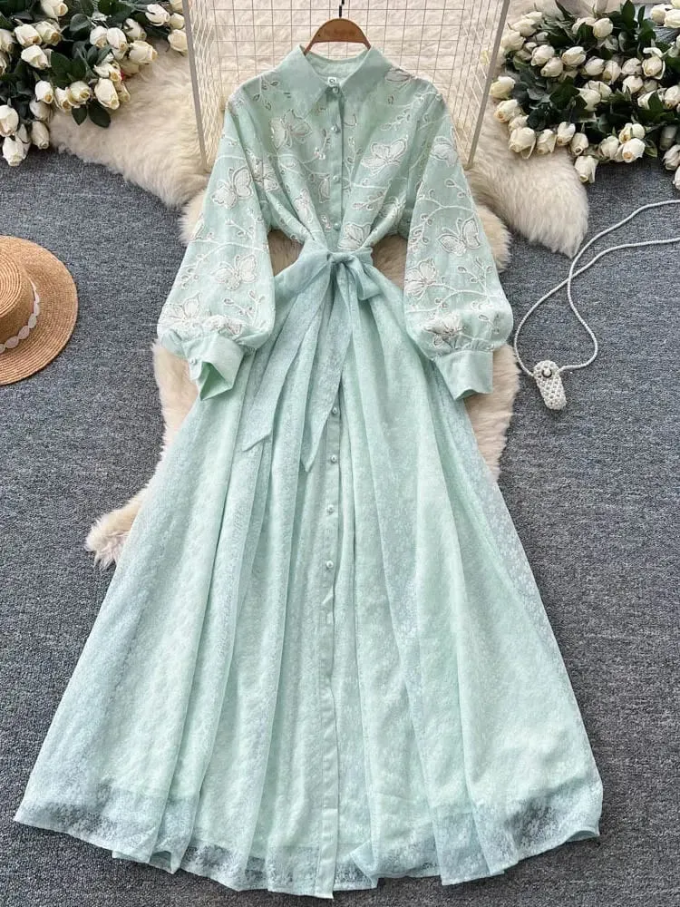 French Vintage Lace Embroidered Lapel Lantern Sleeve Dress Women Korean Slim Fit Waist Mesh Slim Long Dress — image 4