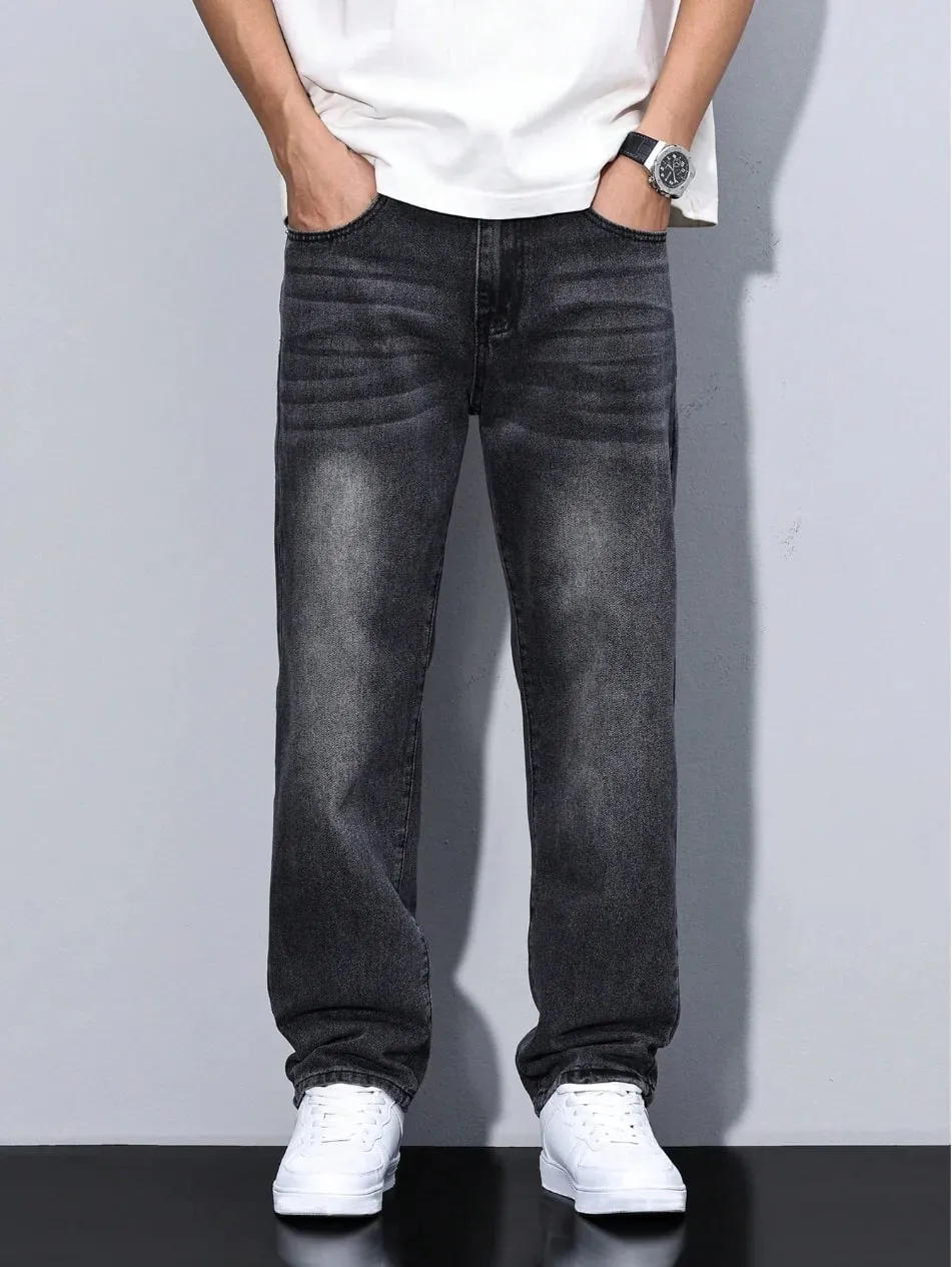 Men's Black Washed Loose-Fit Jeans Straight-Leg Casual Streetwear Trousers for Daily Wear Comfortable Denim-Like Pants