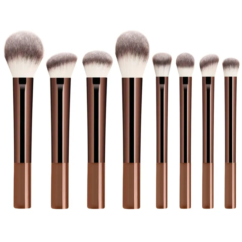 8Pcs Brown Coffee Makeup Brush Set Powder Blush Foundation Eyeshadow Brushes With Triangle Puff
