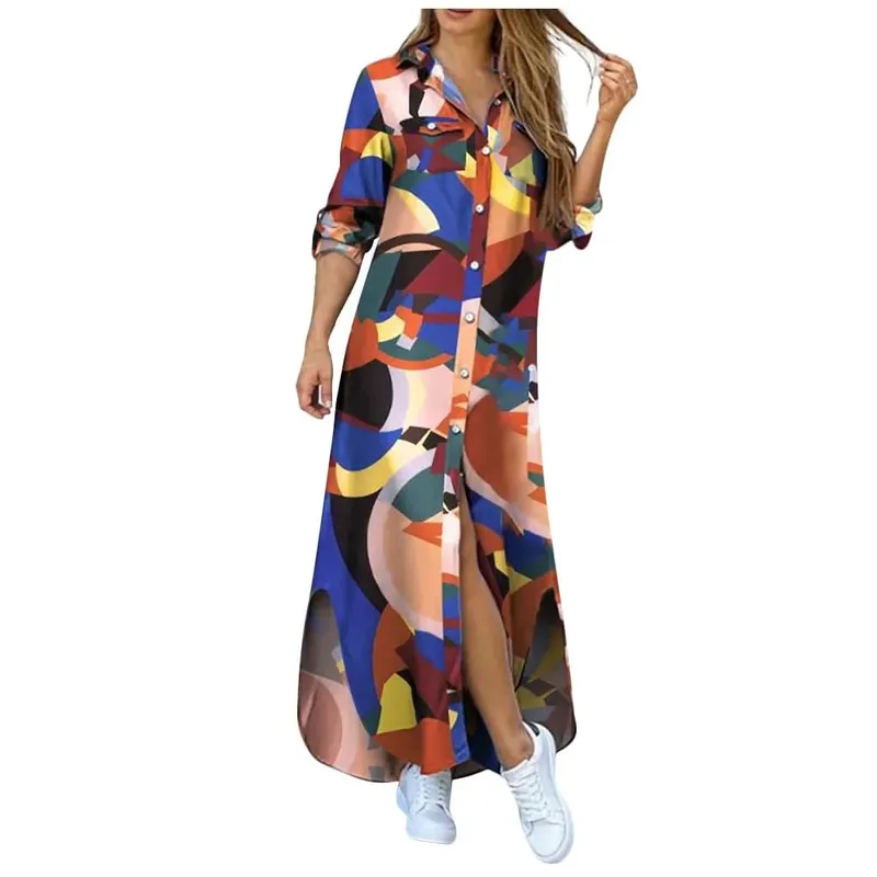 Robe longue en Denim pour femmes, manches longues, chemise, avec poches, boutons, imprimée, décontractée, ample, nouvelle collection automne 2023
