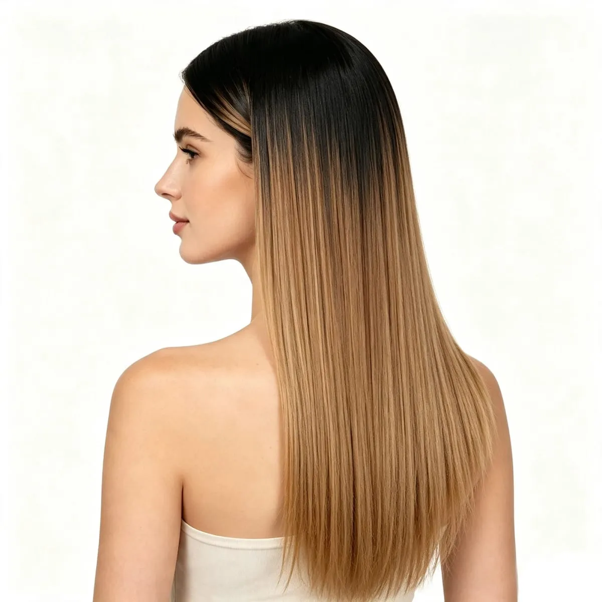 Clip In Hair Extension Ombre Color Brown Blonde V-Shape One Piece Straight Hair Whit 4 Clips Synthetic Hair Pieces For Women