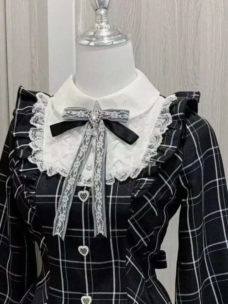 اليابانية الجنية الحلو الدانتيل المرقعة منقوشة فستان المرأة Kawaii الجرونج تكدرت كم طويل فساتين Y2k الجمالية JK لوليتا فيستدوس — image 4