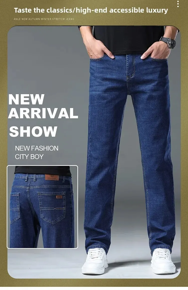 2026 New Men's Straight Denim Pants Brand Clothes Black Blue Jeans Classic Washed Stretch Cotton Business Casual Pants