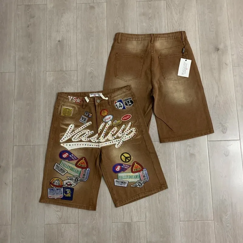 New Y2K Colorful Rhinestone VALLEY Embroidery Patch Label Denim Shorts Jorts Men Women High Quality Loose Straight Short Jeans