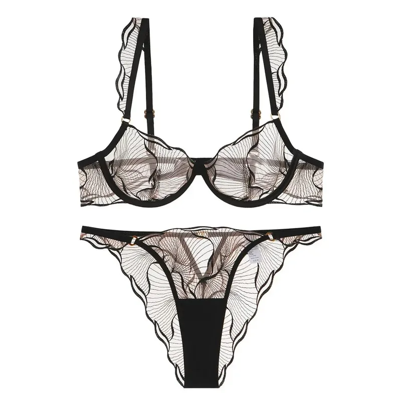 2 Pieces Summer Ultra Thin Breathable Women Underwear Sexy Lace Bra French Mesh Temptation Intimates Lingerie and Briefs Sets