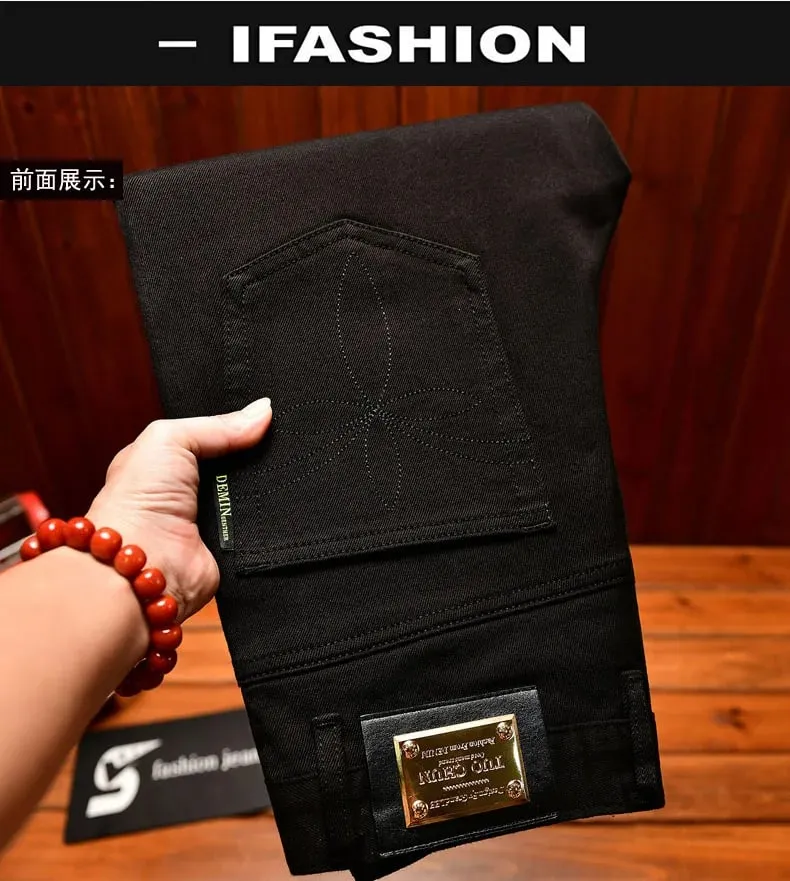2025Autumn Fashion Simple Black Jeans for Men Trendy Embroidery Print Design Korean Style Stretch Slim Fit Skinny Pants