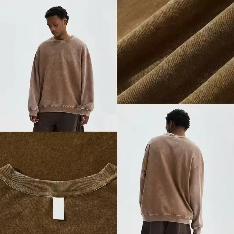 Extra-Large 100% Pure Cotton 350g Round-Neck Hoodie Washed-Out Retro Wax-Printed Snowflake Crewneck Sweater Casual Distressed