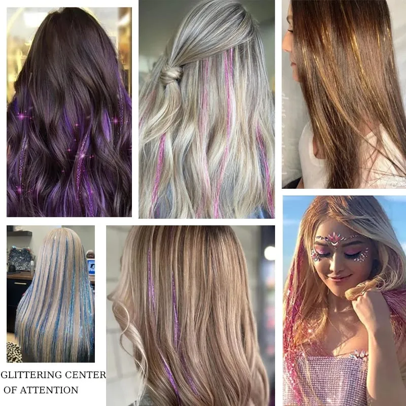1PCS Sparkling Shiny Tinsel Hair 48inch Long Colored Hair Extensions Party Hightlights Women Hairpiece Halloween Christmas Use