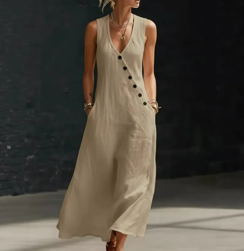 2026 Casual Sleeveless Loose Maxi Dress Women Summer Fashion Solid Color V-neck Holliday Elegant Long Dresses