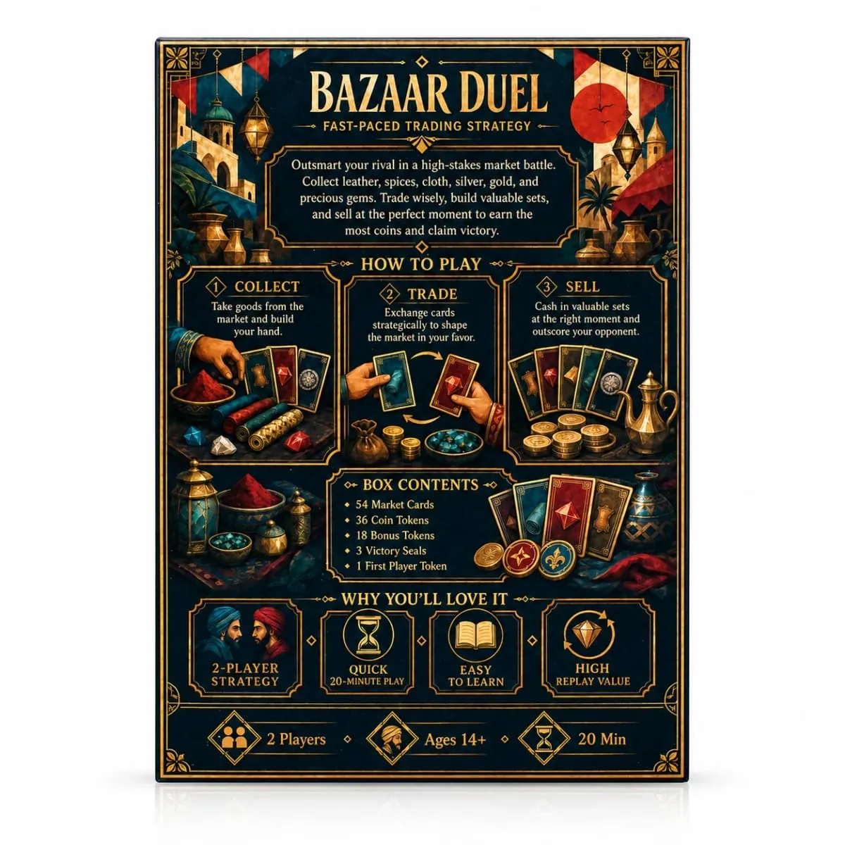 Bazaar Duel Card Game Fast Paced Market Trading Strategy Board Game Collect Leather Spices Cloth Silver Gold and Gems Exchange