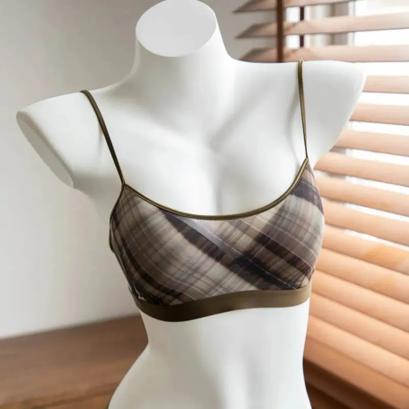 Women American Retro Plaid Intimates Set Thin Push Up Bra Anti Sagging Armpit Fat Support Comfort Everyday Wear