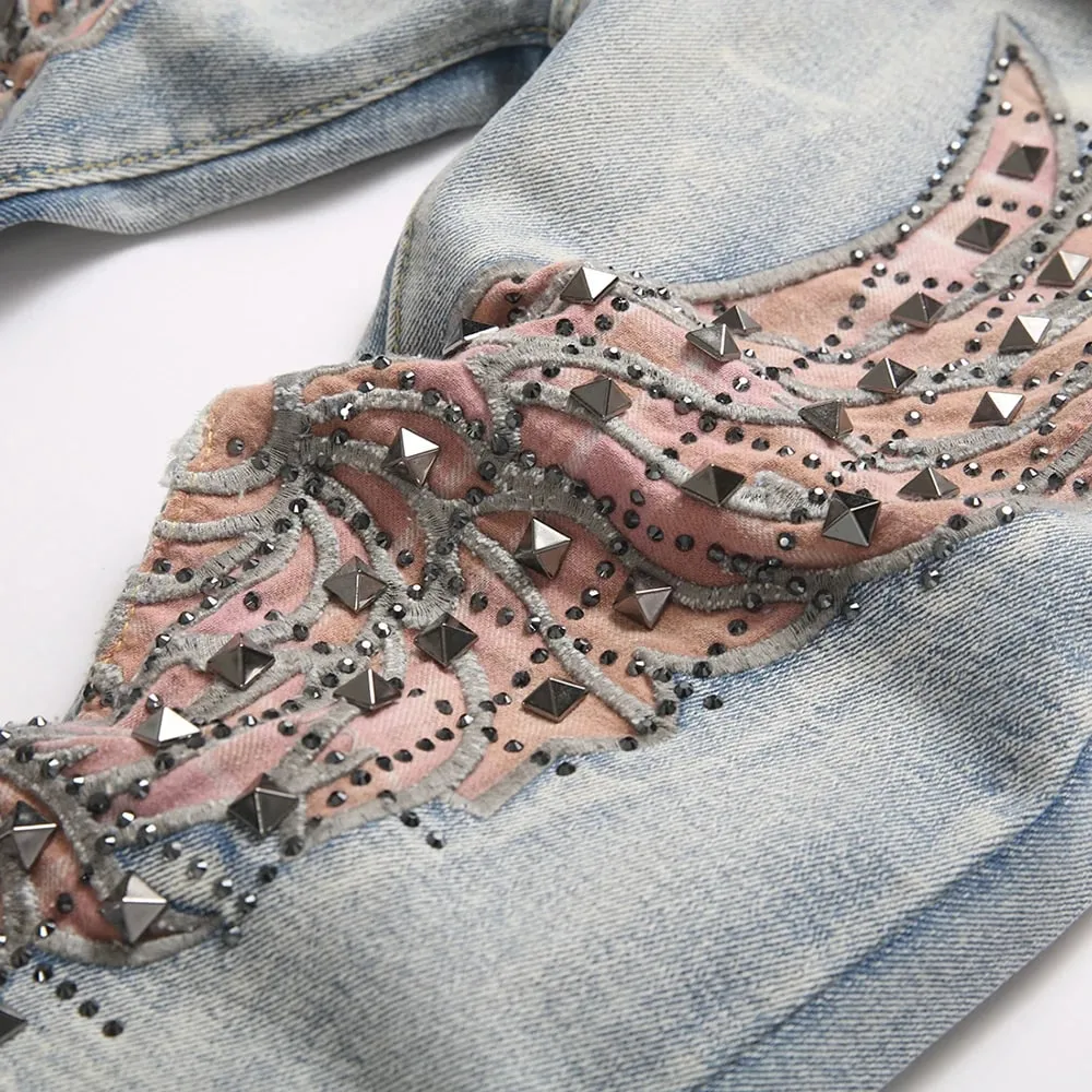 Men's Wing Patch Boot Cut Jeans Rivet Crystal Slim Flared Pants Embroidery Vintage Blue Denim Trousers — image 4
