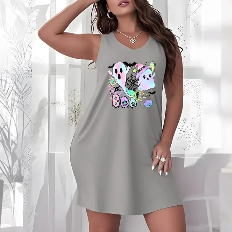 Halloween Theme Plus Size Women Sleeveless Tank Dress Spooky Cartoon Graphic Crew Neck Loose Dress Casual Holiday Party Dresses