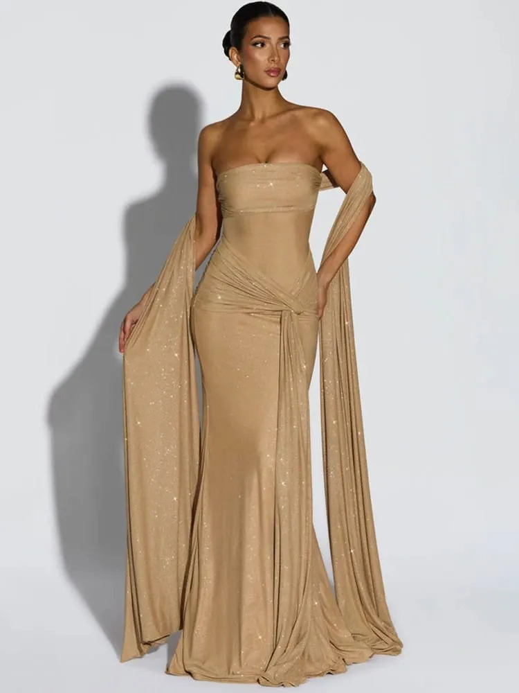 Mozision Sparkle Strapless Draped Sexy Maxi Dress Women Elegant Off-shoulder Sleeveless Backless Ruched Club Party Long Dress