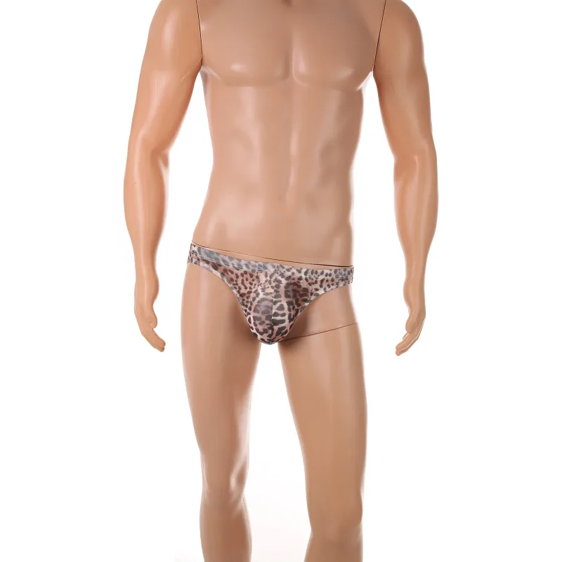Men Sexy Briefs Underwear Mesh Sheer Ultra-Thin Underpants Big Penis Pouch See Through Panties Leopard Bikini