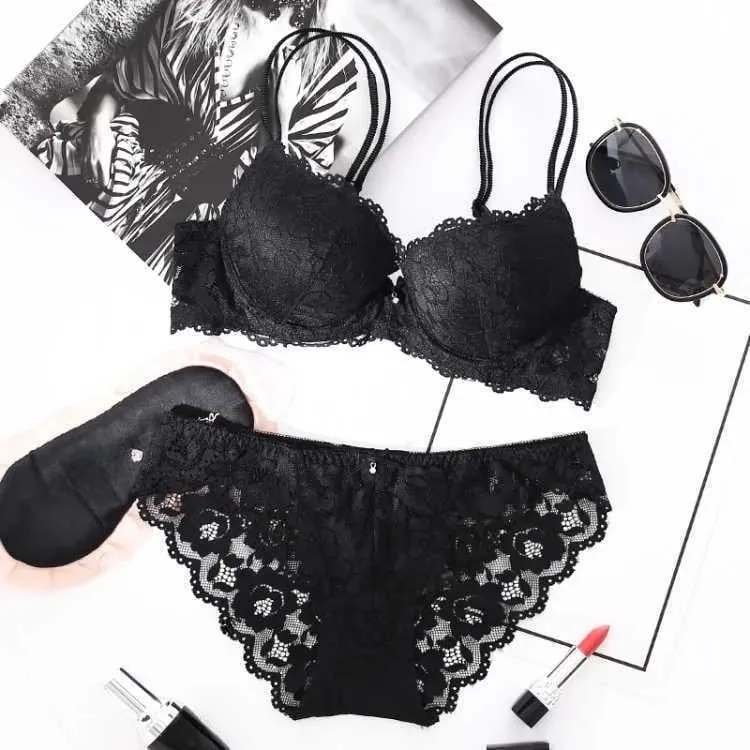 Women's Sexy Push Up Floral Lace Lingerie Set Bowknot Bra & Panty Low Rise Underwear for Daily Wear