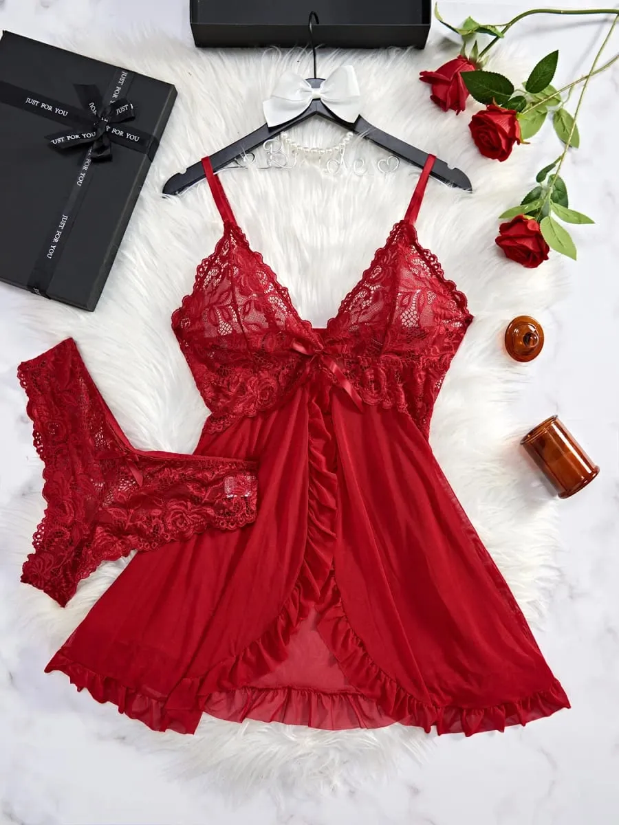 Women Sexy Lingerie Set Lace Bra Nightdress Solid Color Slim Fit Soft Sleepwear Erotic Underwear Dress
