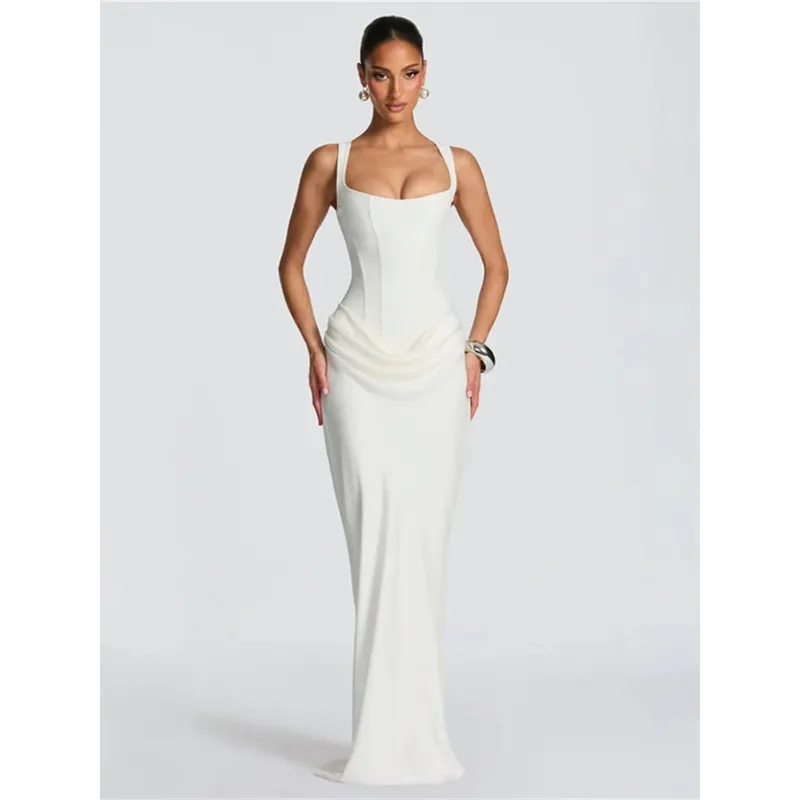 Ladies' formal square neck sleeveless waist cinching design with pleated fish tail long skirt for dinner party slimming dress