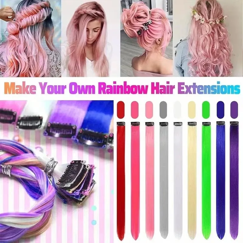 22Inch 10pcs Synthetic Colorful Long Straight Rainbow Colored Hair 10pcs Clip In Extensions for Women Daily Party Christmas — image 3