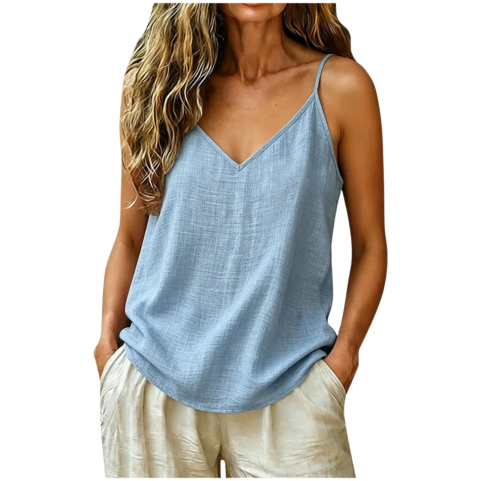 Women Cotton Linen Spaghetti Strap Tank Top V Neck Solid Color Loose Fit Lightweight Casual Sleeveless Camisole Summer Beach Top