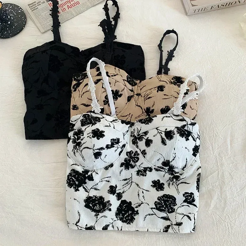 Women Sweet Elastic Camis Underwear Padded Bra Spaghetti Cute Crop Tops Print Tank Tops For Women Summer