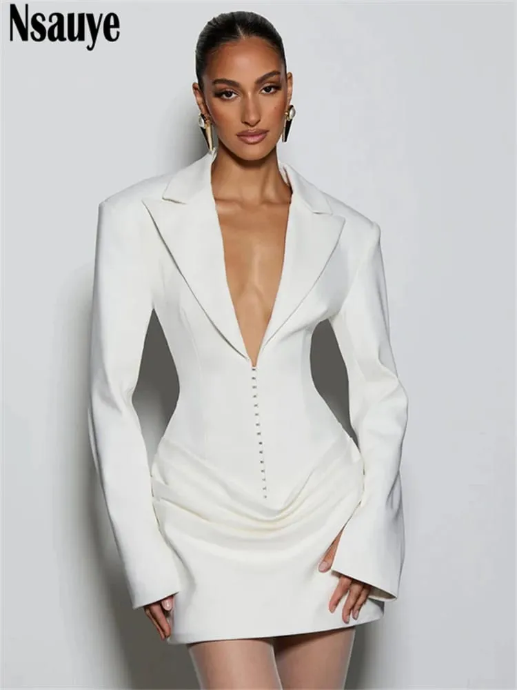 Nsauye Elegant Evening Short Dress Women Fall Long Sleeve Sexy Fashion Night Club Party White Mini Wrap Corset Dress 2025 Winter