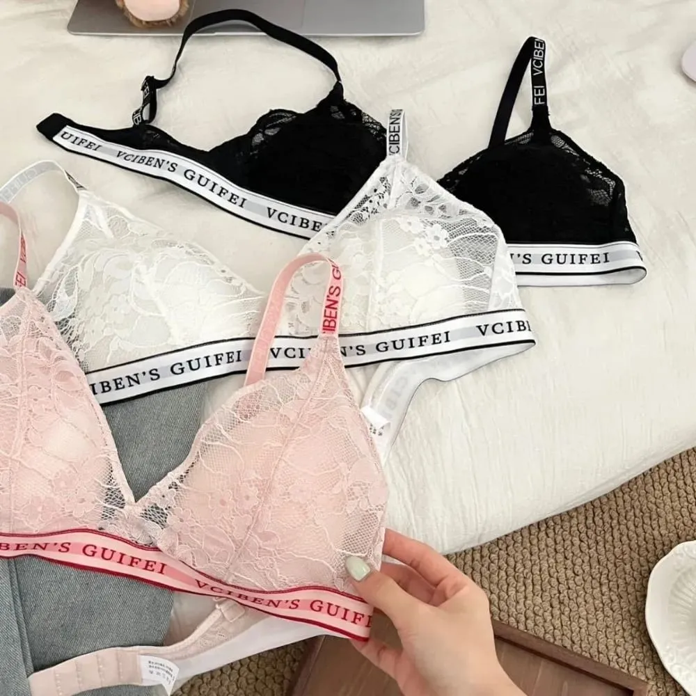 Breathable Letter Design Lingerie Set Deep V Wireless Women Underwear Suit Lace Color Blocking Bra Panties Set Daily