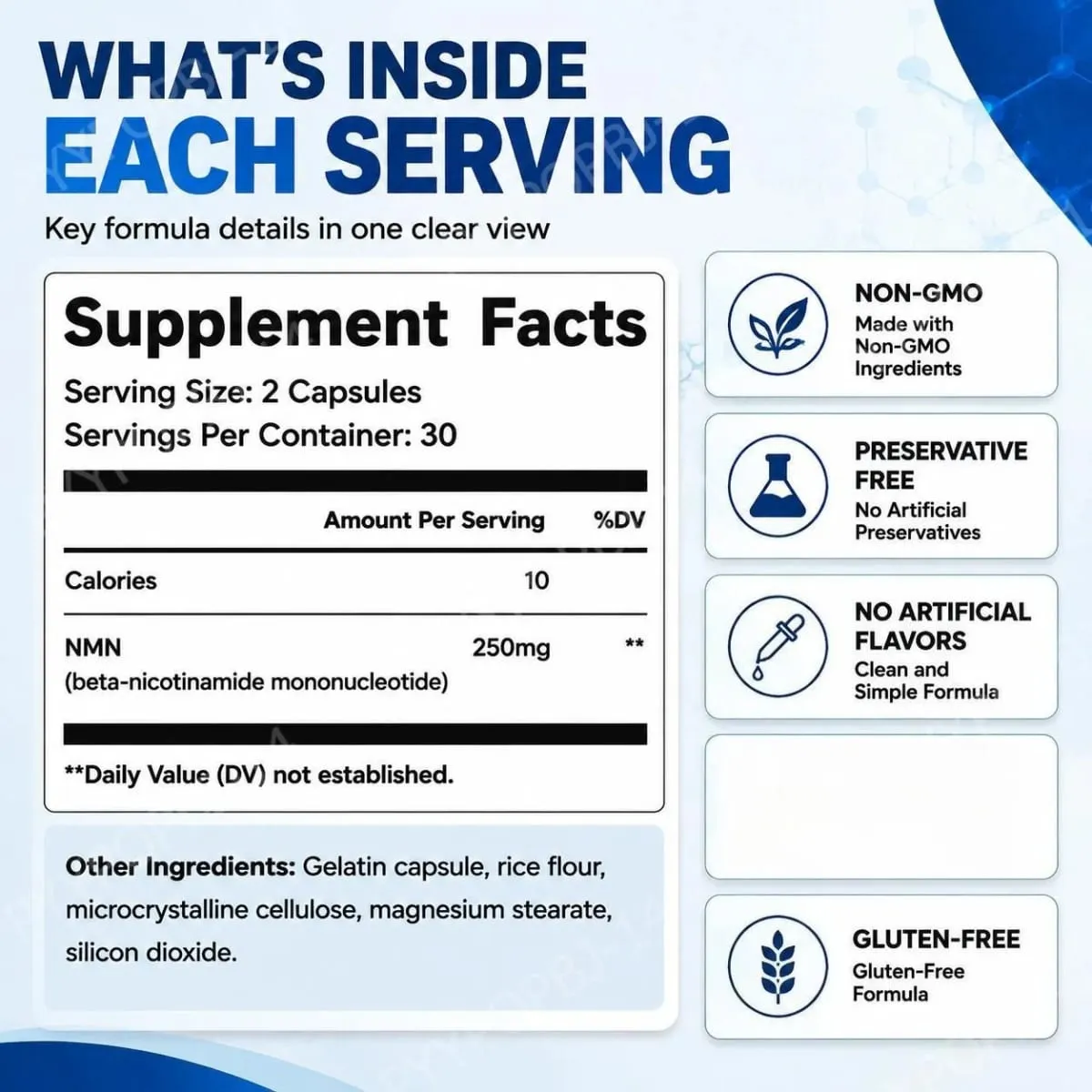 NMN Nicotinamide Mononucleotide Capsules 250 Mg Bawat Paghahatid ng Tumaas na Bioavailability Nagtataguyod ng Cellular Health ng 60 Capsules — image 3
